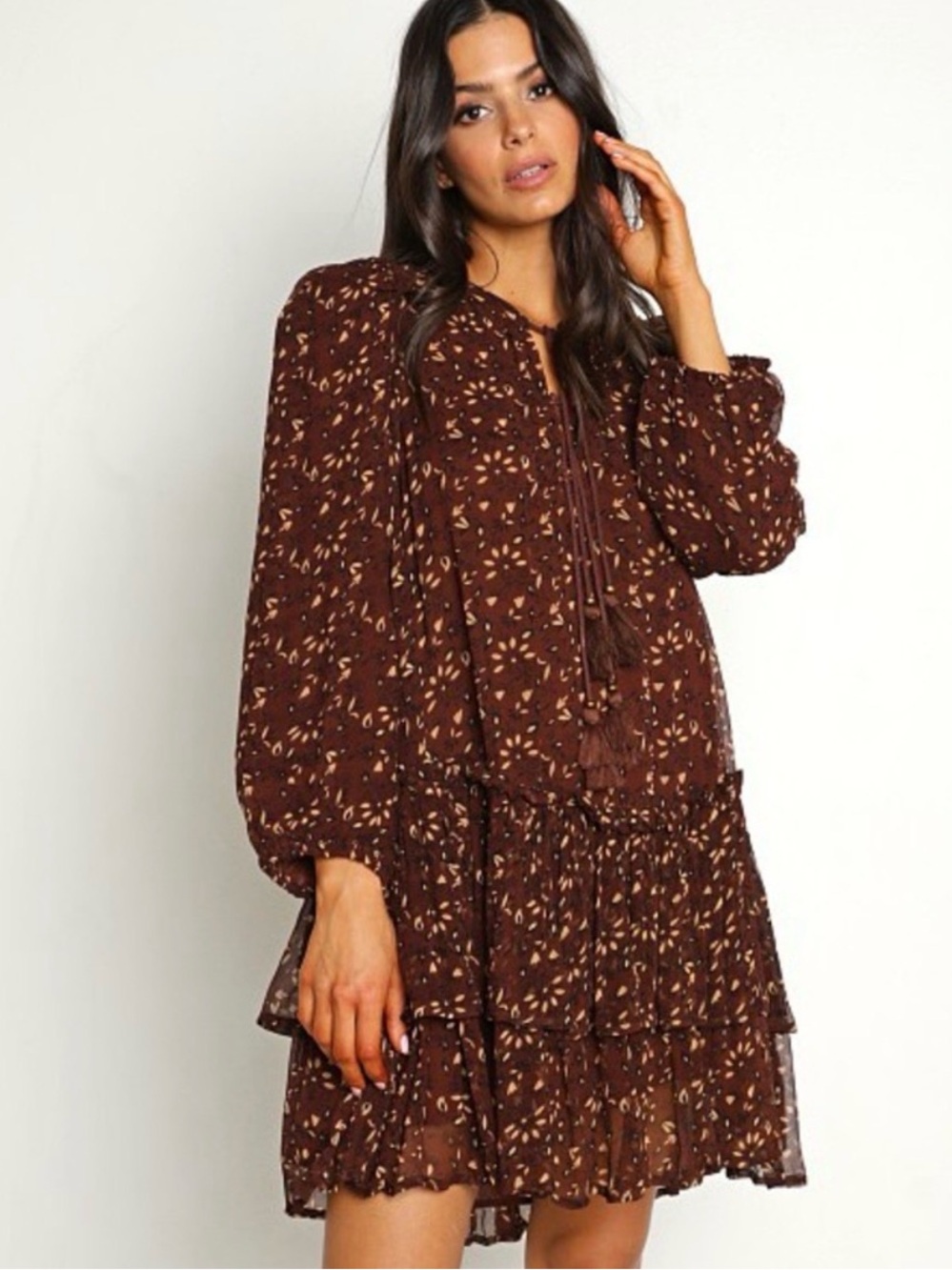 Cleobella Chocolate Brown Floral Tiered Long-Sleeve Dress